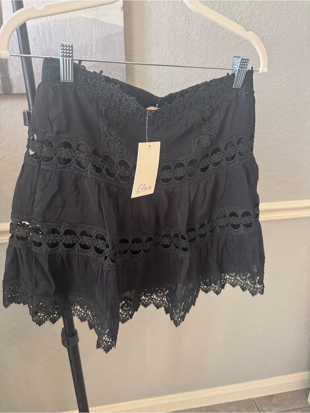 Elan Black Lace-Trim Tiered Skater Skirt